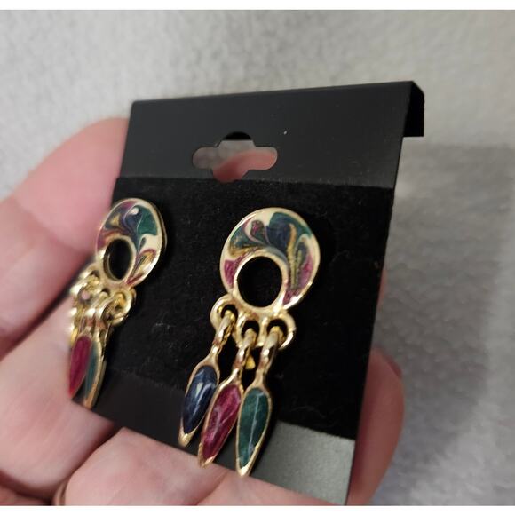 Vintage Gold Tone Swirl Dream Catcher Earrings Acrylic Maroon Dangle - Picture 4 of 8